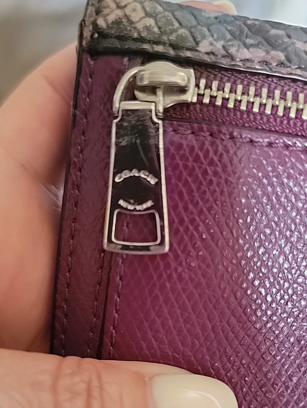 Coach Plum Leather Continental Wallet with Python-Print Envelope Style